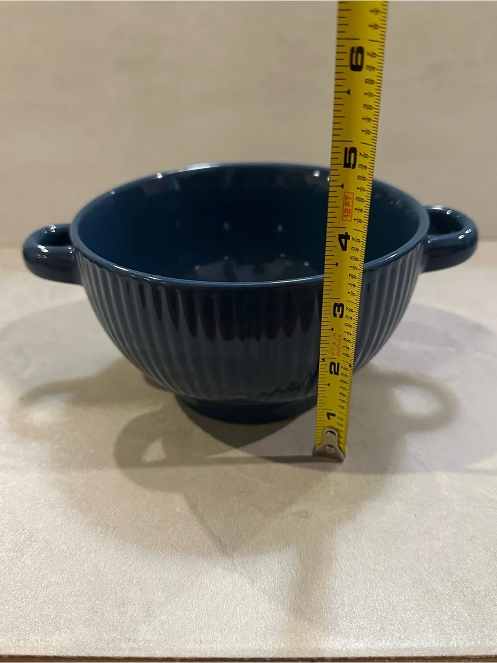 Stoneware Double Handle Soup Bowl, Deep Navy, Ribbed EUC